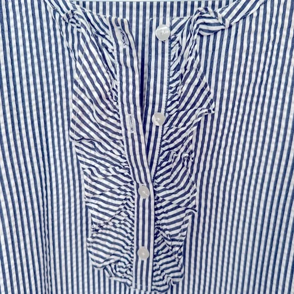 Draper James Seersucker Blue and White Shift Dress w/ 3/4 bell sleeves - Picture 5 of 9